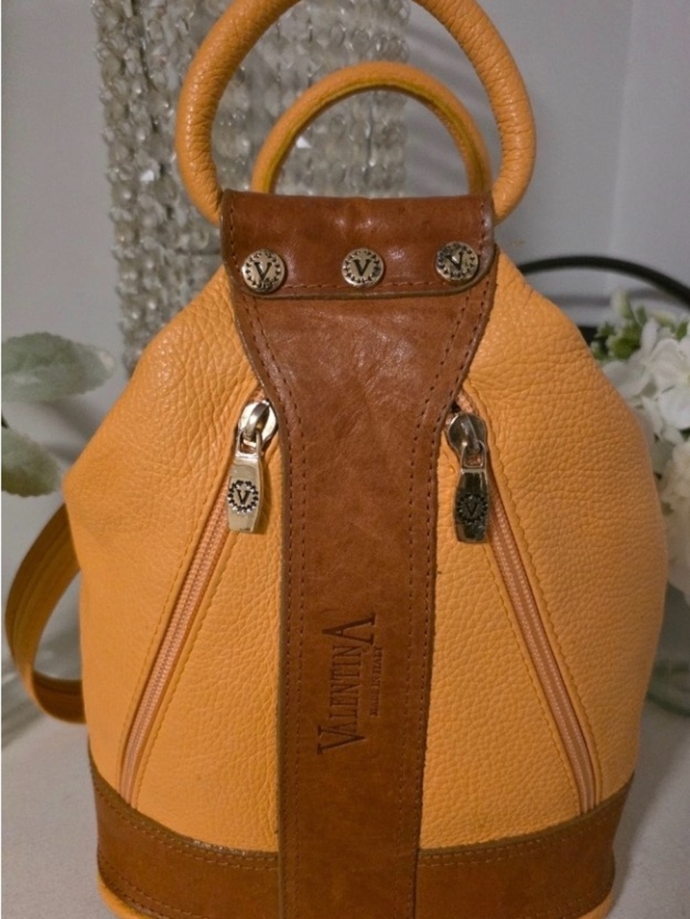 Valentina Yellow & Brown Pebbled Leather Dome Backpack